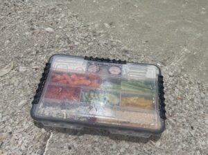 Snack Box Meets Shoreline Waterproof tackle box filled with fresh snacks sitting on a shell-covered shoreline with shallow water