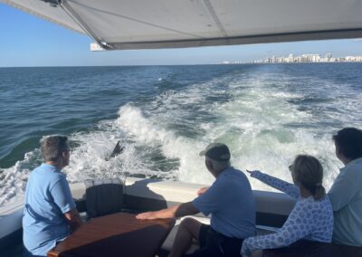 Four people on a boat watching a dolphin ride the wake behind them near a coastal skyline