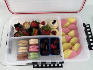 Decadent Dessert Buoy Bite Box Waterproof tackle box filled with colorful desserts including chocolate-dipped strawberries, macarons, cherries, mini tarts, and pink and yellow half-moon cookies