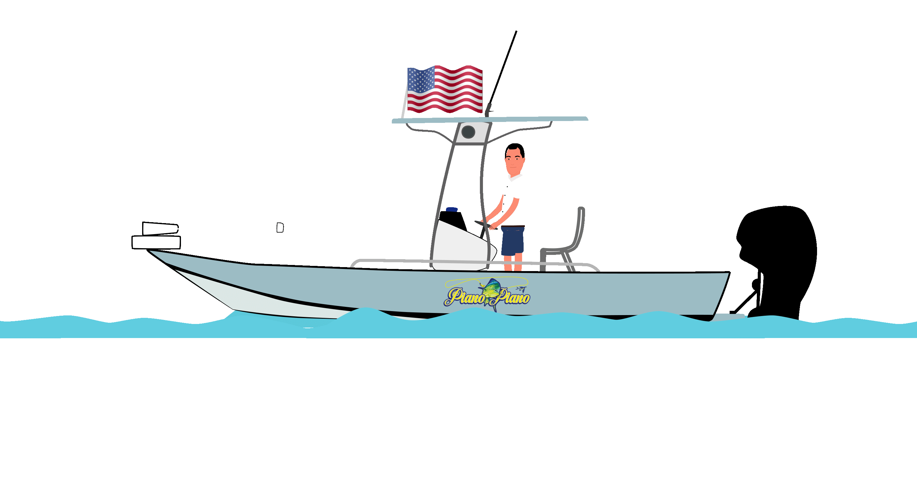 Captain Bill at the Helm – Piano Piano Animation Animated graphic of Captain Bill driving the Piano Piano boat with an American flag and blue waves